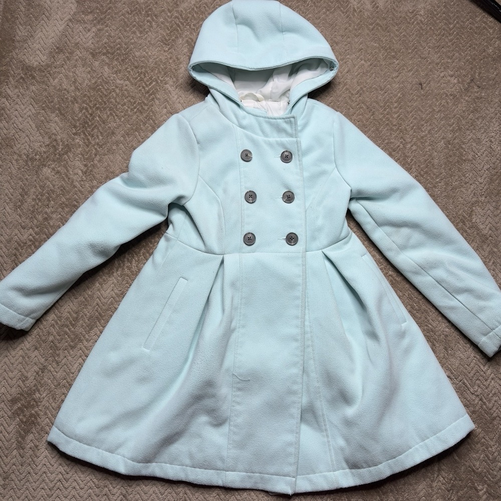 Cat and Jack Girls Winter Pea Over Coat Mint Blue Hooded Button Up  M 7/8